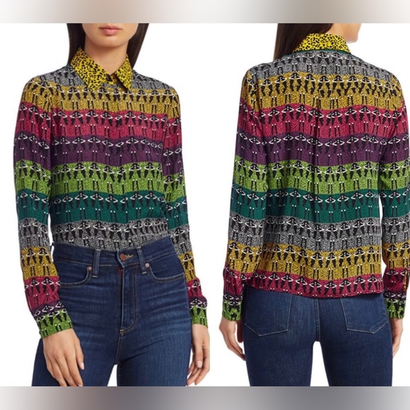 New! Alice + Olivia Willa Rainbow Stace Face 100% Silk Blouse 💜 💛 XS - Picture 4 of 16